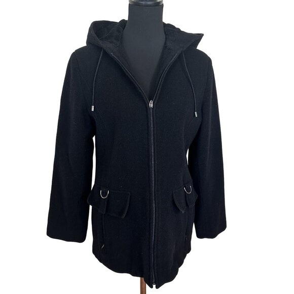 Fleet Street Womens Hooded Black Zip Up Coat Wool Blend Medium Jacket - Picture 1 of 16